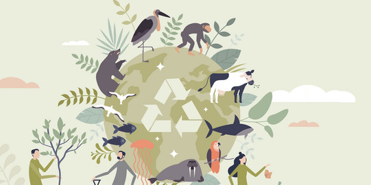 Grafik in zurückhaltenden Naturtönen, die Biodiversität symbolisiert, verschiedene Tiere gruppieren sich um die Weltkugel, unten arbeiten Menschen