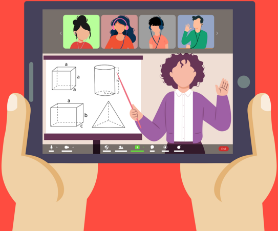 tablet with digital course Hands holding tablet, a digital course is taking place on the tablet.